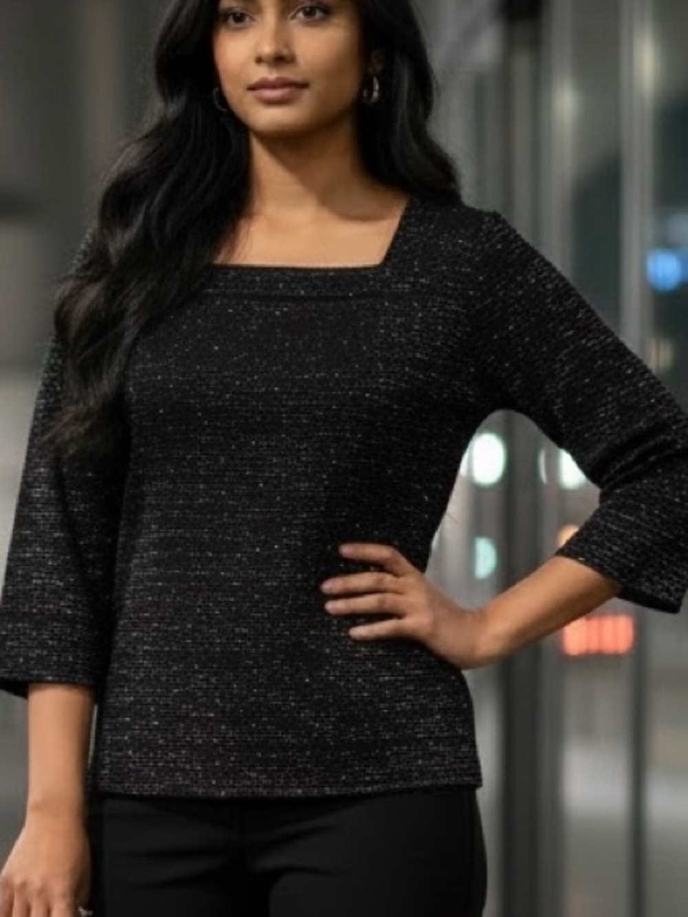 Liz M Elegant Evening / Special Occasion Black & Silver Long Sleeve Top Stretchy